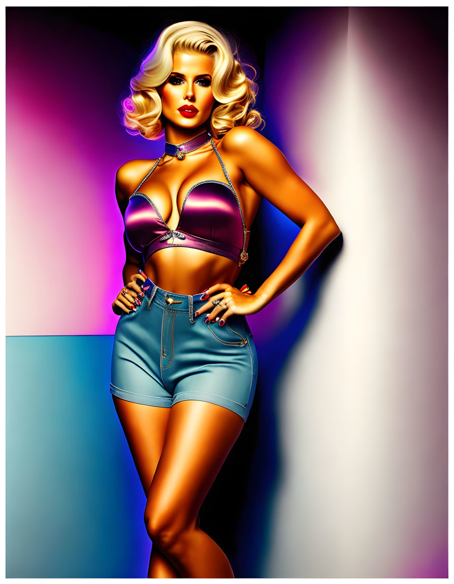 Illustration of woman with glamorous makeup and hair in crop top and denim shorts