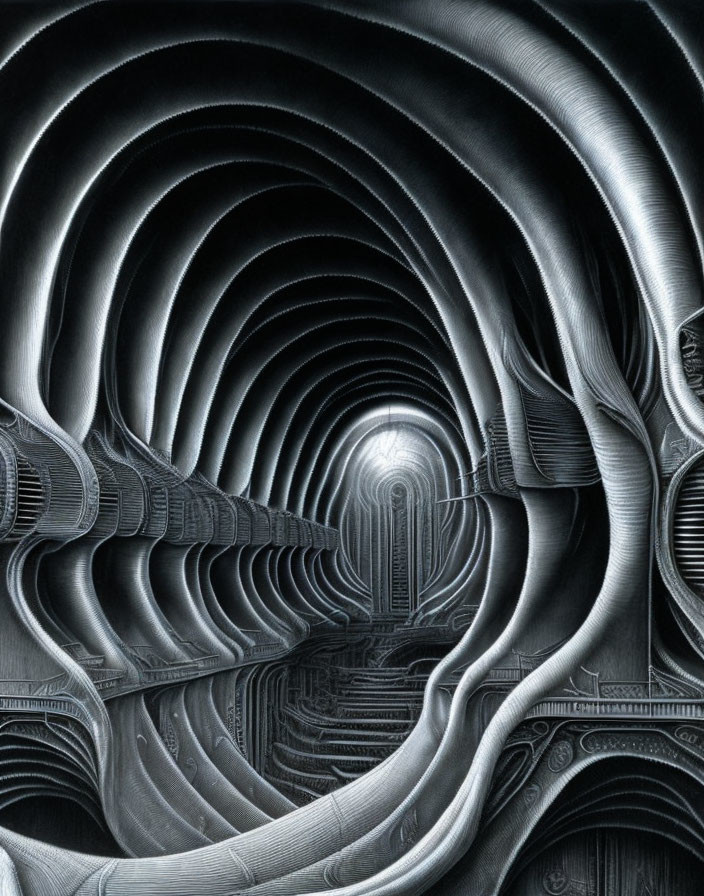 Monochrome surreal tunnel with repetitive arches and light source