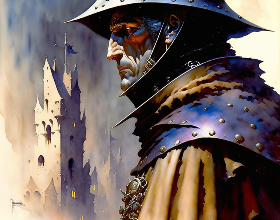 Profile view of a knight in armor with castle backdrop