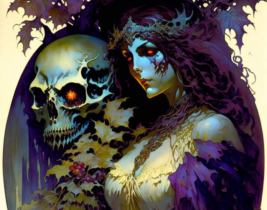 Purple-skinned woman with crown beside glowing-eyed skull