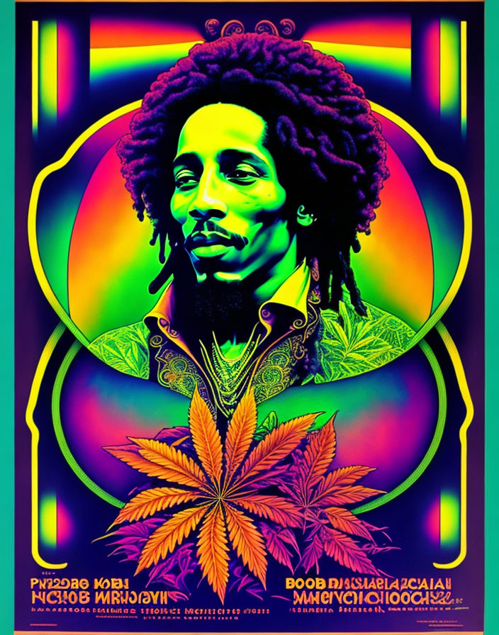 Colorful psychedelic poster with man and marijuana leaves