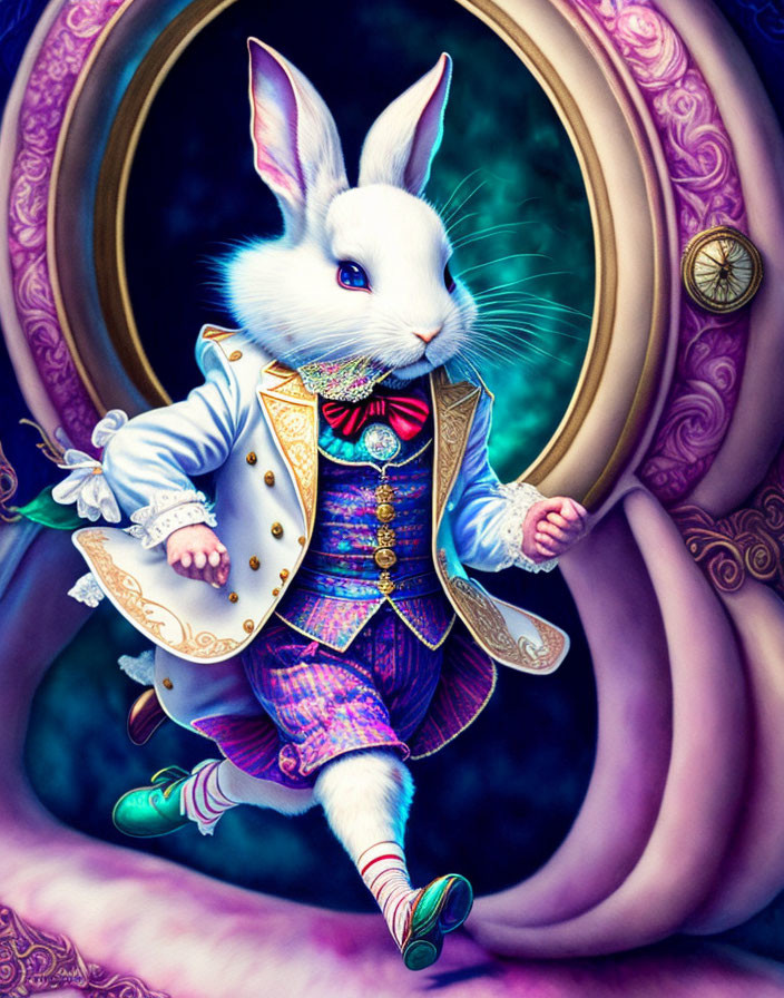 Colorful Rabbit in Elegant Outfit Entering Ornate Doorway