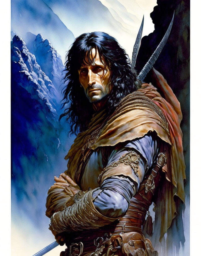 Illustrated fantasy warrior in fur cloak and armor against snowy mountains