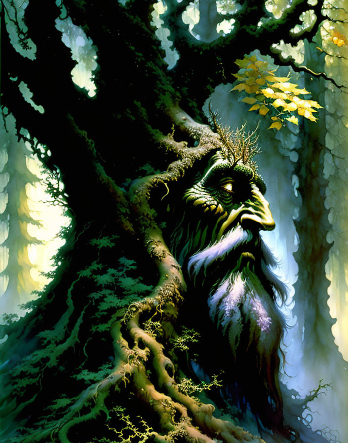 Tree with human-like face, beard, and mystical forest scene