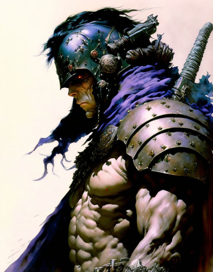 Muscular warrior in blue cape and ornate helmet with sword on plain background