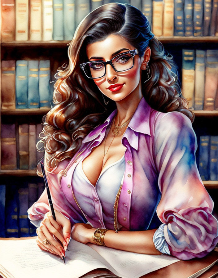 Woman with glasses and wavy hair sitting at desk in library illustration