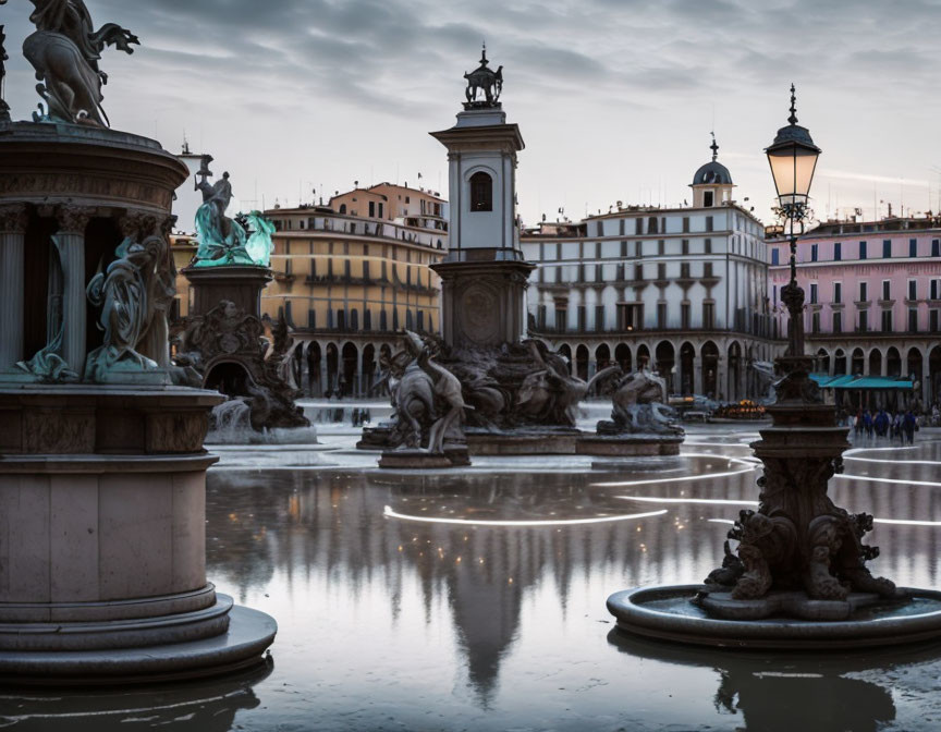 European Square at Twilight with Monument, Fountains, and Classical Architecture