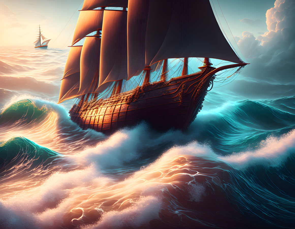 Majestic sailing ship on teal ocean waves at sunset