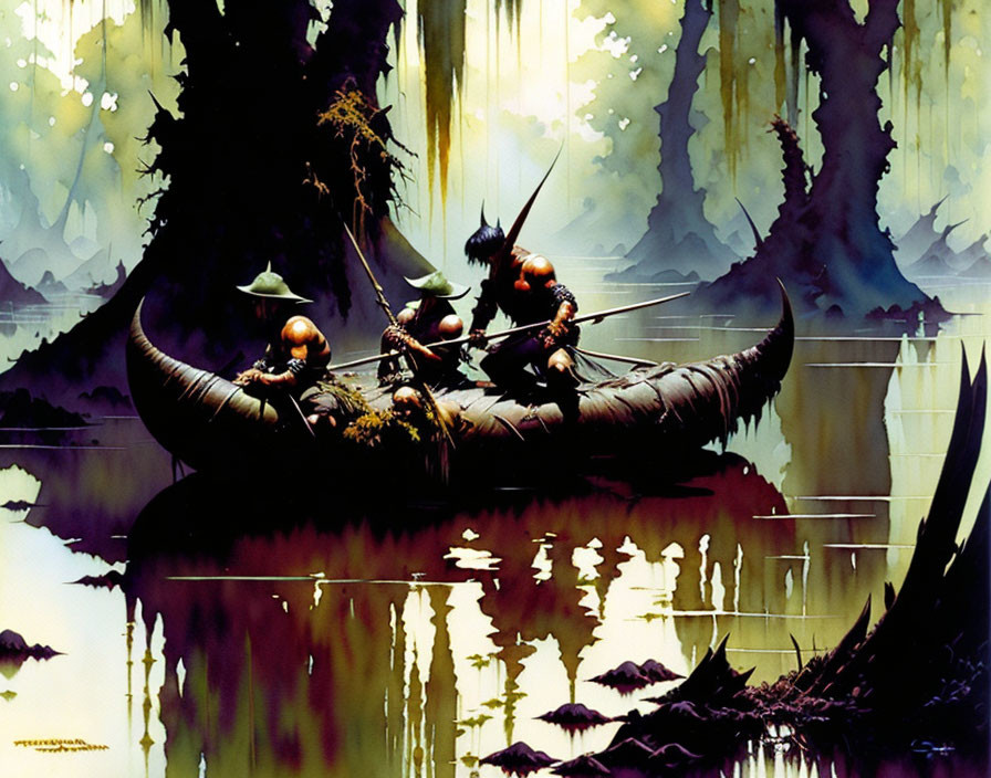 Warriors in leaf boat on serene water with mystical forest landscape