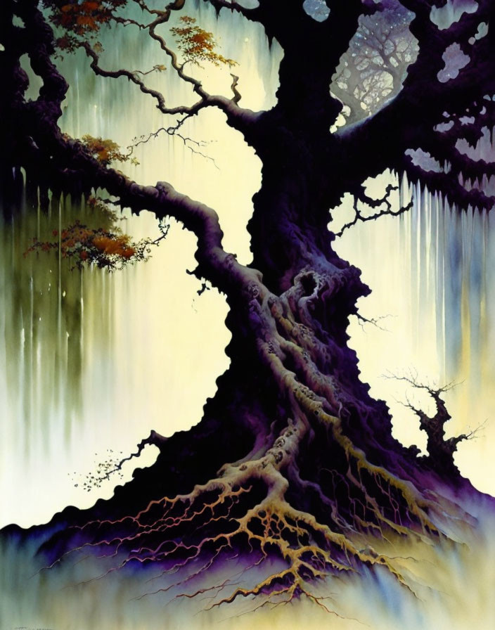 Surreal painting: Vibrant twisting tree with intricate roots