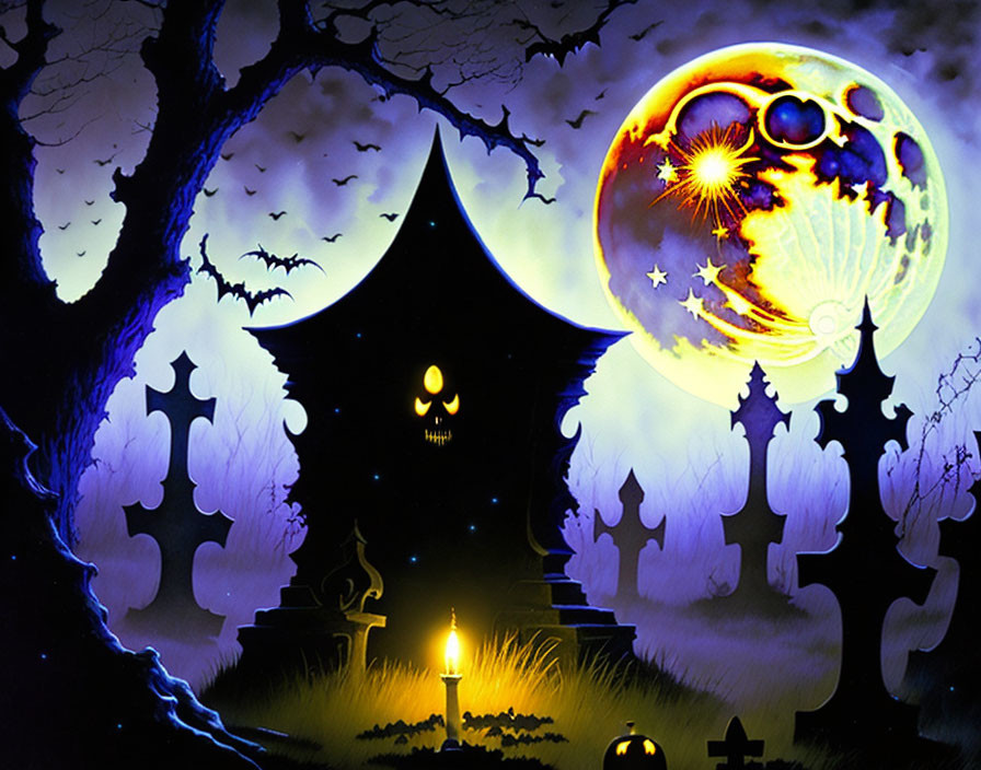 Spooky Halloween-themed illustration with haunted house, trees, graves, full moon, and bat shape.