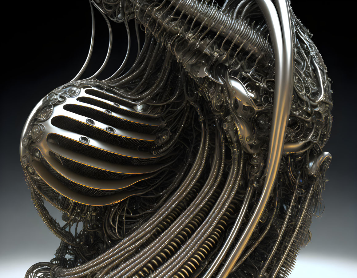 Detailed Metallic Structure with Swirling Patterns & Tubes