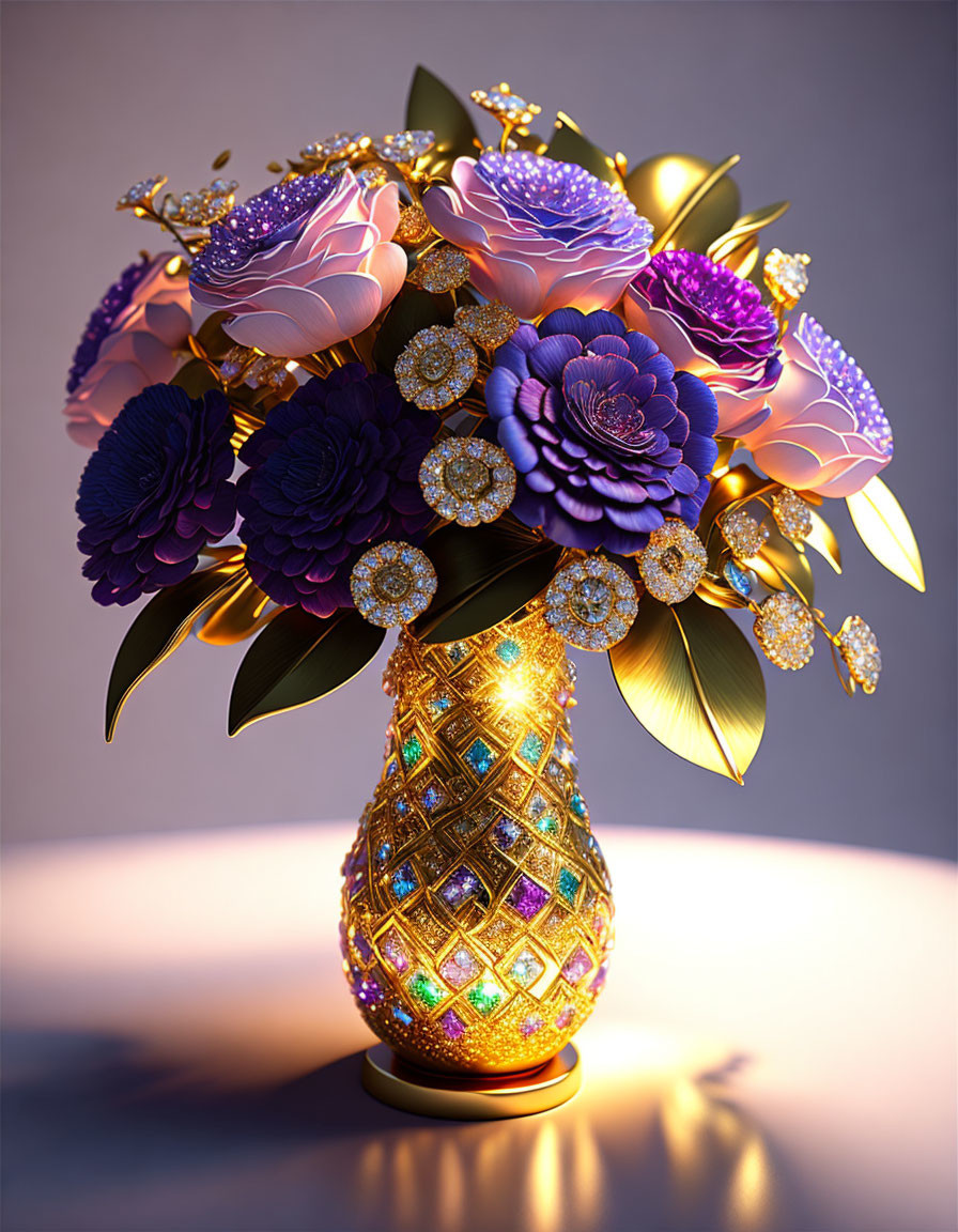 Purple Flowers Bouquet with Jeweled Accents in Golden Vase