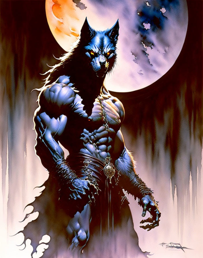 Muscular werewolf with pendant under full moon and clouds