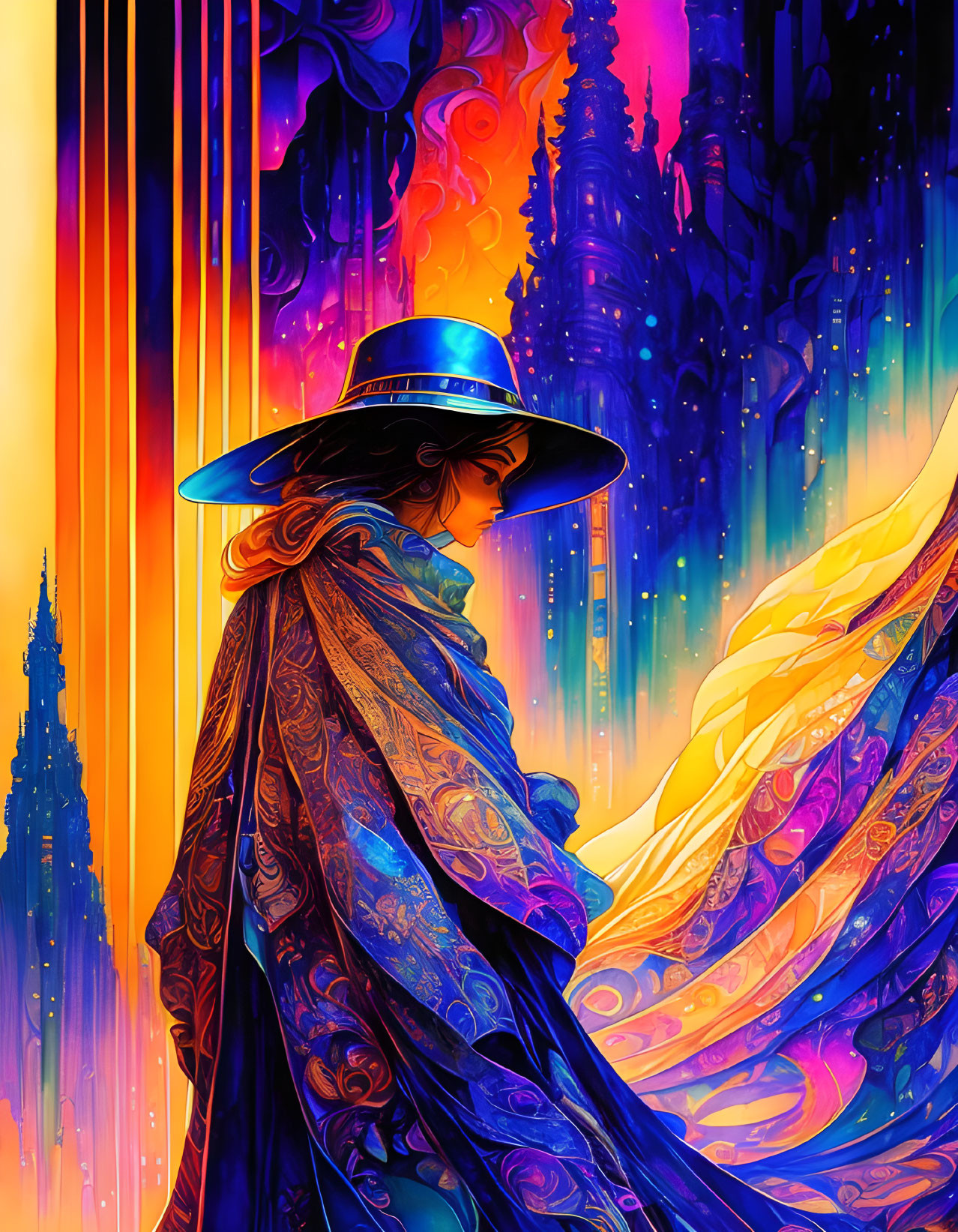 Colorful Cloaked Figure in Wide-Brimmed Hat Against Luminous Cityscape