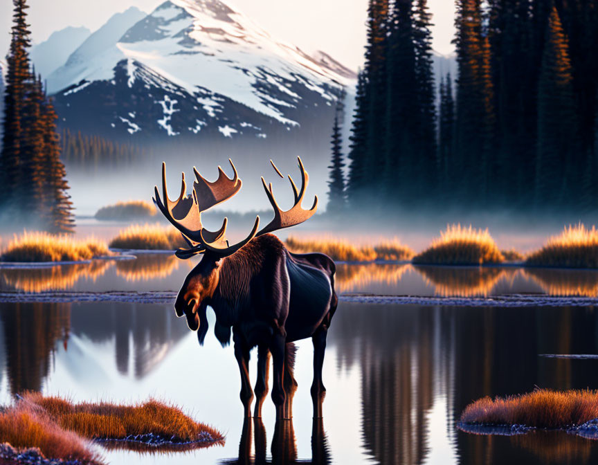 Majestic moose in snowy mountain landscape at sunset