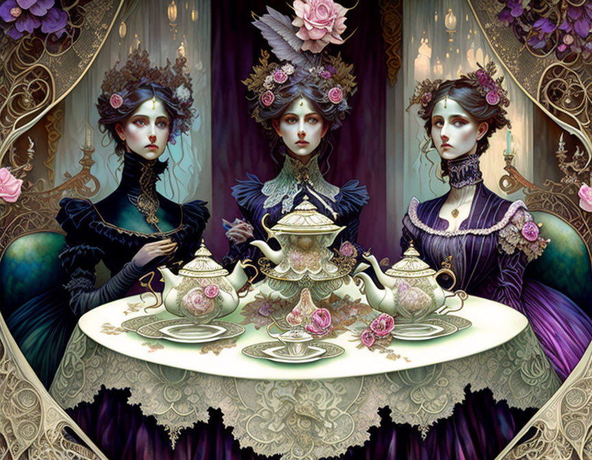 Victorian-era styled women serving tea in ornate setting