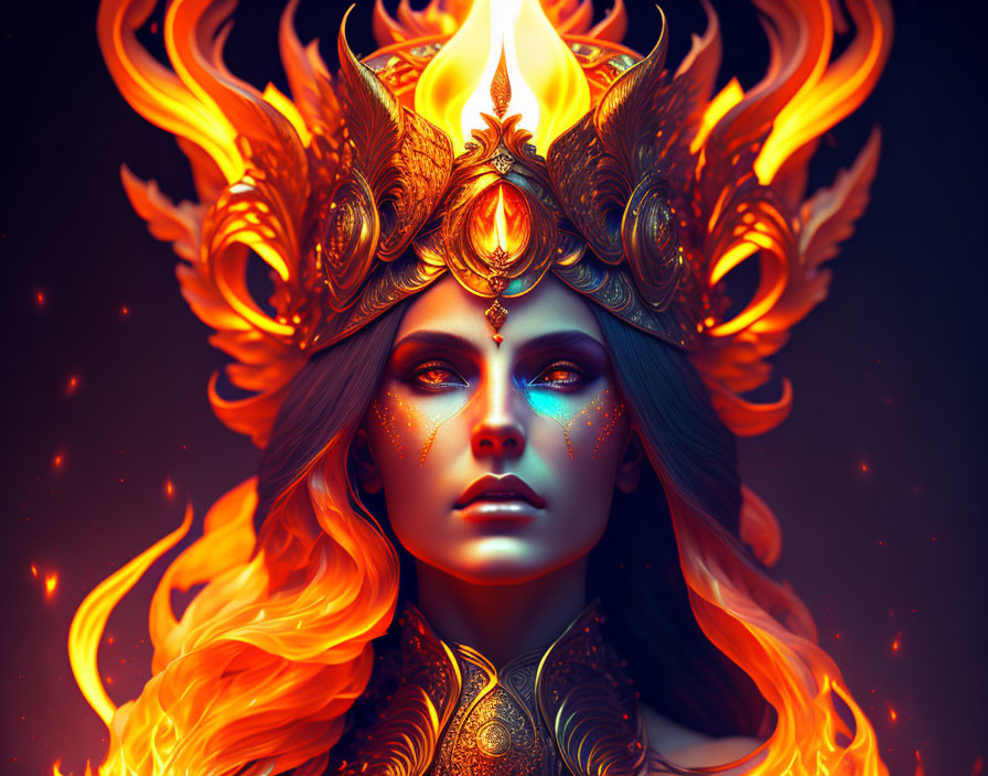 Fantastical female figure with fiery crown and golden headpiece on dark background