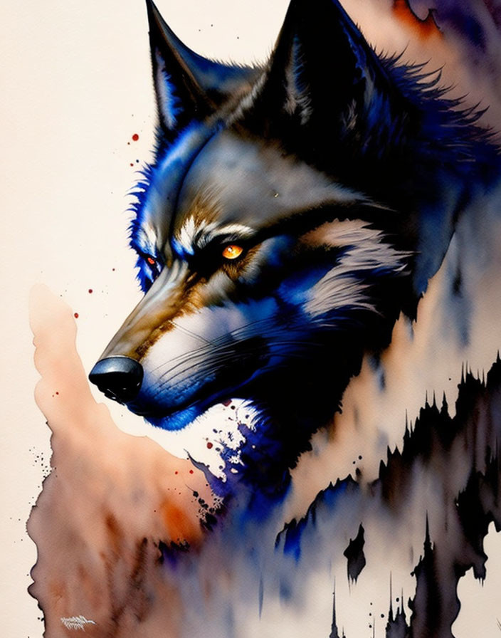 Detailed Wolf Illustration with Blue and Black Fur and Melting Color Effect