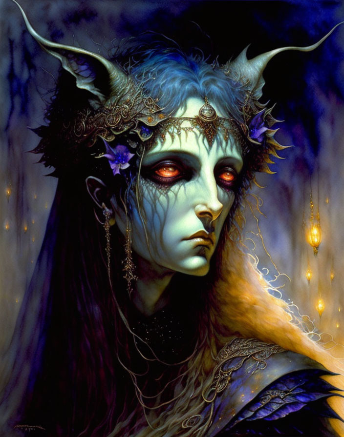 Fantasy character with blue skin and horns in magical setting