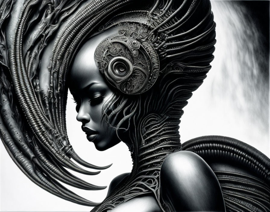 Monochromatic futuristic woman with intricate headdress and mechanical details.