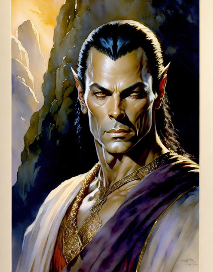 Male elf illustration: stern expression, pointed ears, long black hair, red & gold tunic,