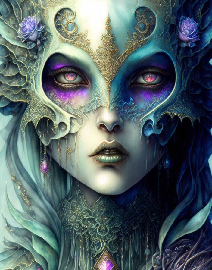 Detailed fantasy illustration of person with mask and purple eyes in ornate setting.