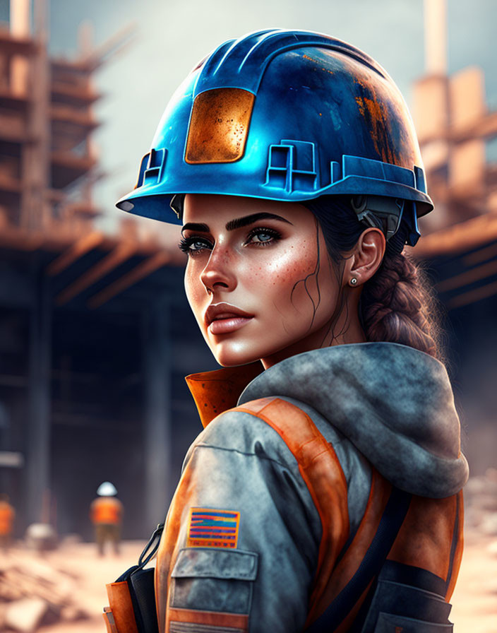 Digital artwork of a woman in blue hard hat and orange safety vest at construction site.