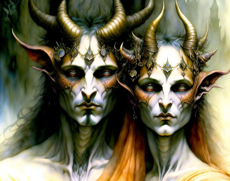 Fantasy characters with pale faces and ornate headpieces in mystical style