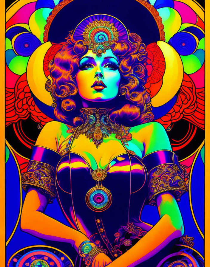 Colorful psychedelic portrait of a woman with ornate headdress and jewelry