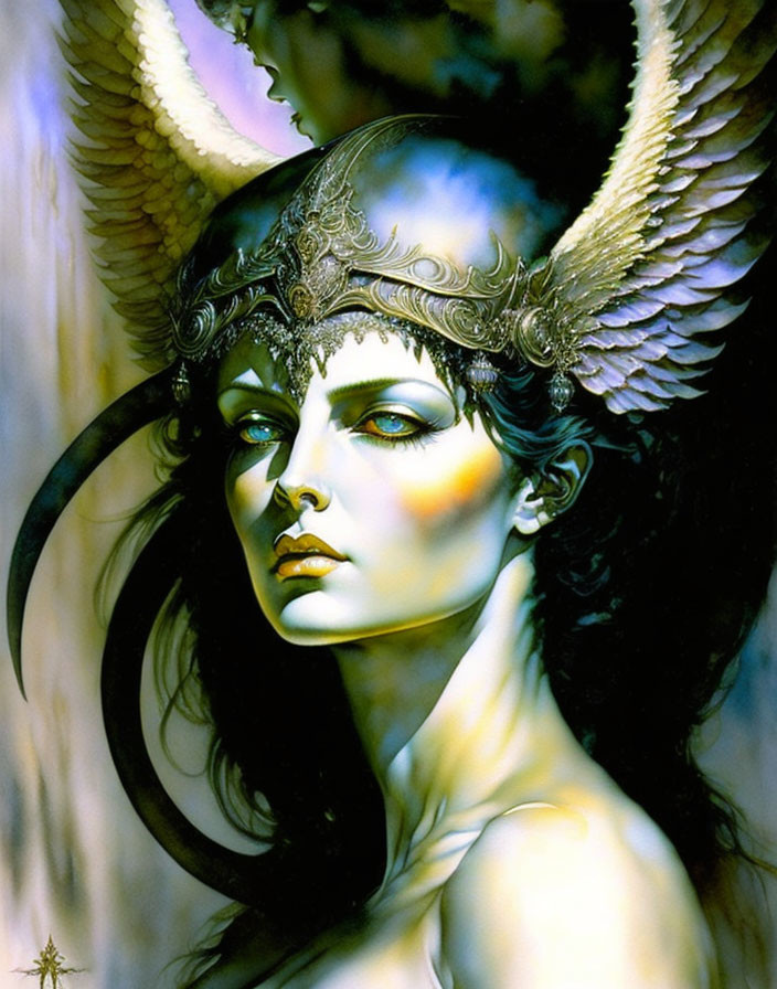 Fantasy portrait of a woman with white angelic wings and metal headdress