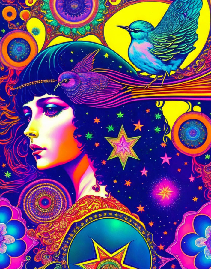 Colorful Psychedelic Illustration: Woman with Bird Surrounded by Cosmic and Floral Motifs