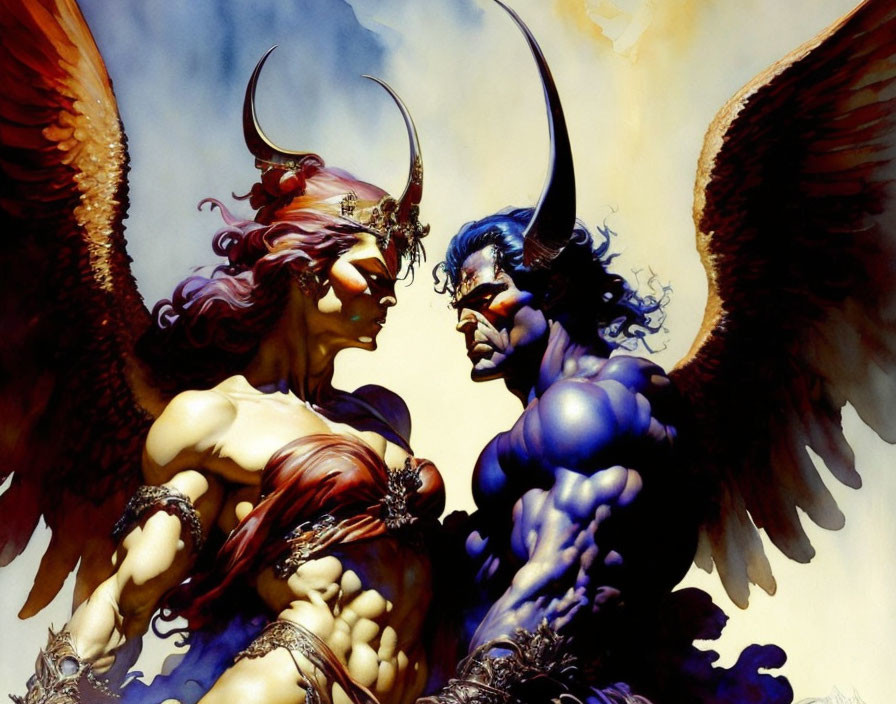 Blue-skinned man with wings embracing woman with horned crown on yellow backdrop