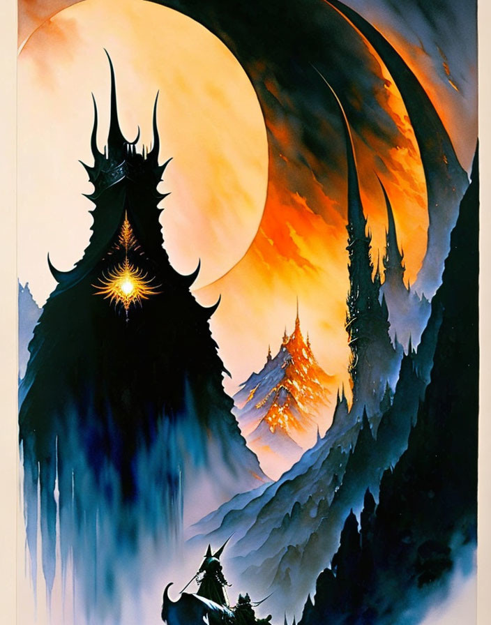 Fantasy art poster: Dark castle silhouette, orange moon, fire-like clouds.