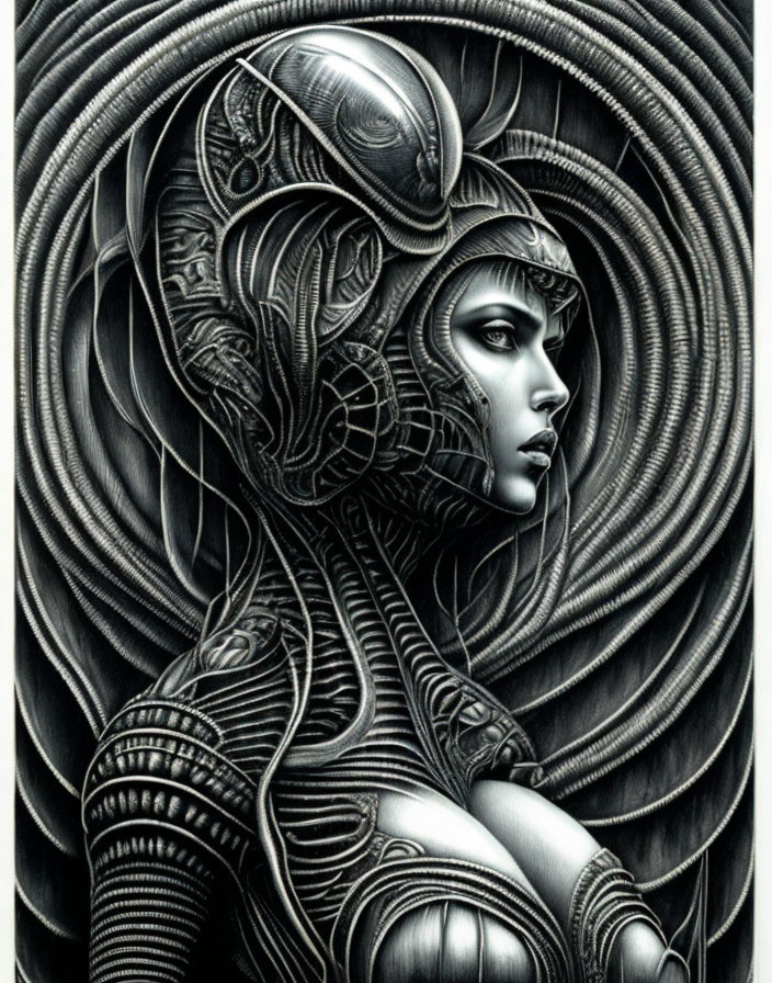 Monochrome illustration of female figure with intricate biomechanical design elements