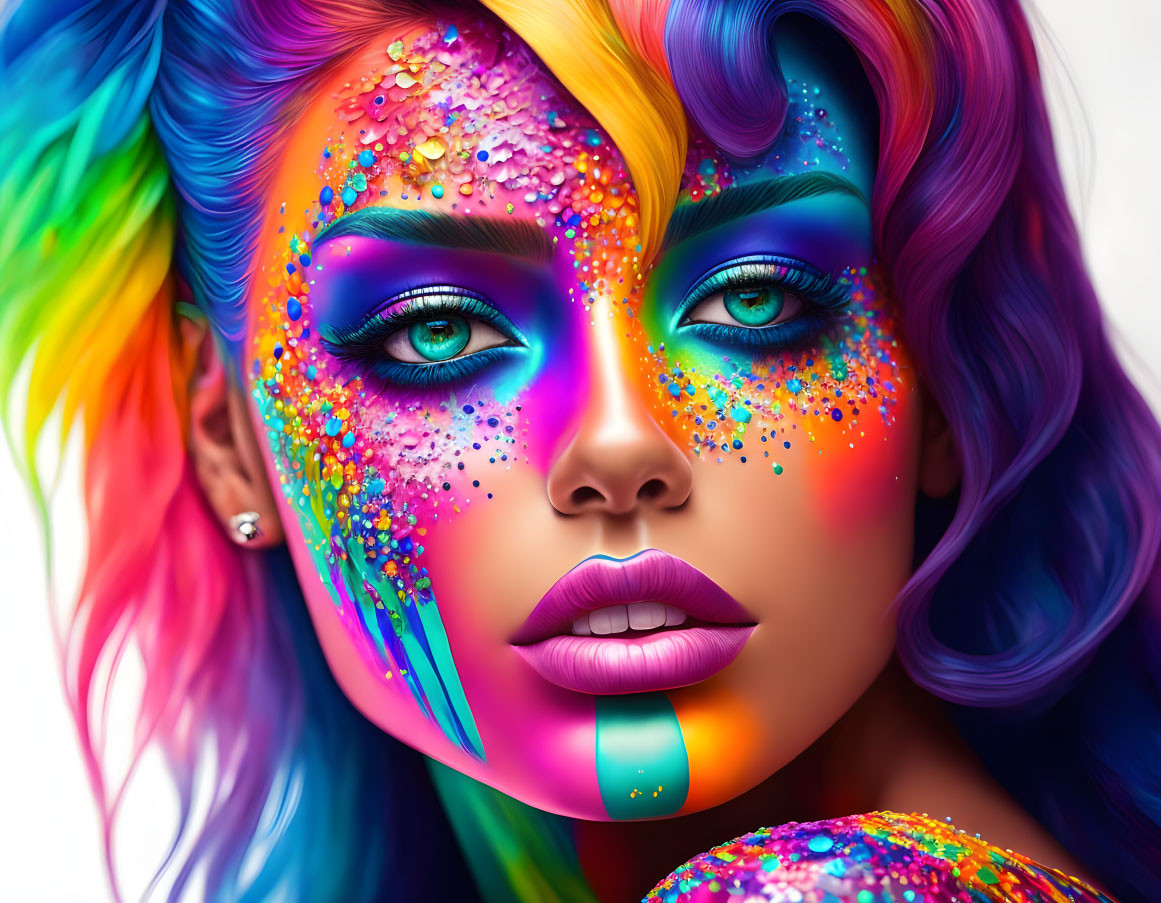 Colorful digital portrait of a woman with multicolored hair and glittery rainbow face paint