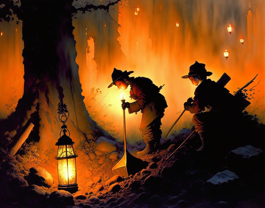 Nighttime scene: Two figures in hats digging with lantern light near a glowing cave.