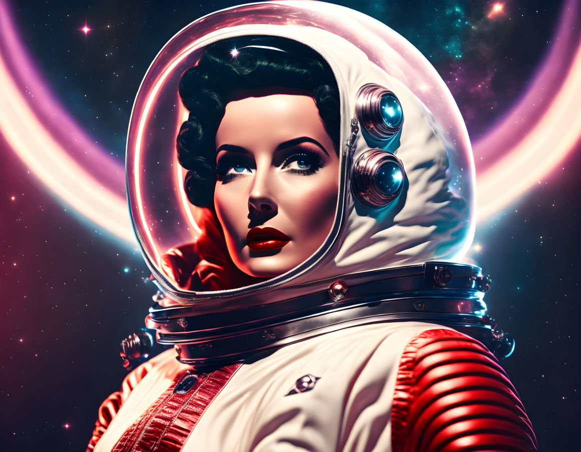 Retro-futuristic astronaut in classic space helmet against cosmic backdrop