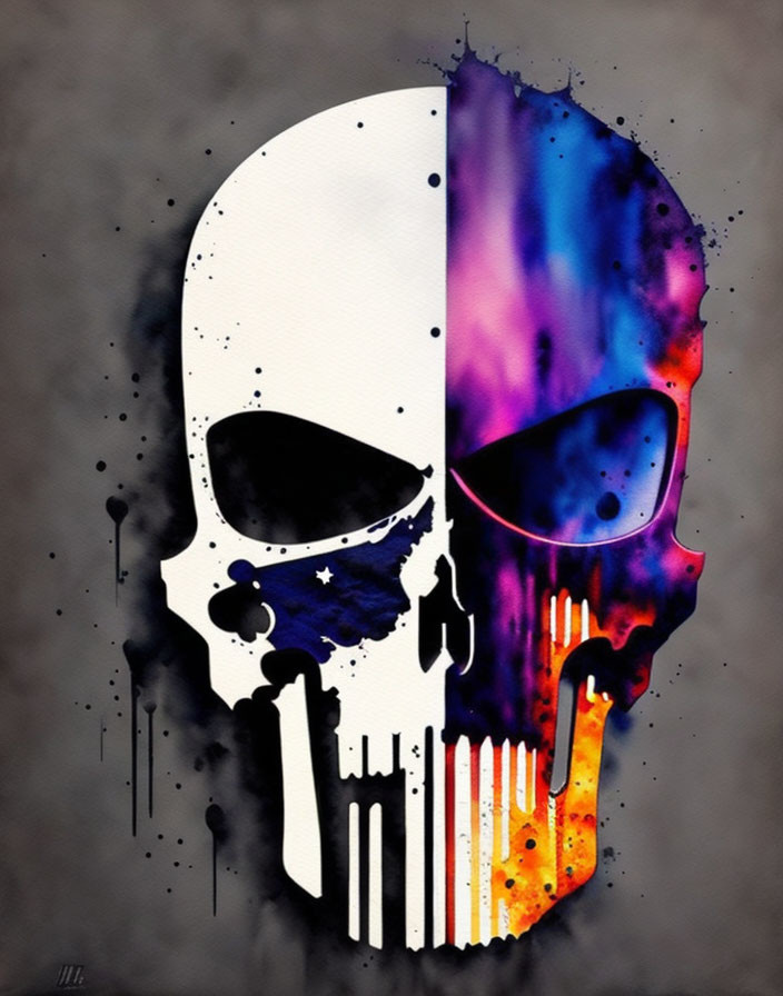 Split Design Skull with Monochrome and Colorful Elements on Gray Background