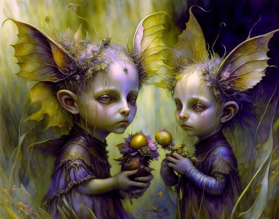 Fantasy creatures with butterfly wings and fruits in dreamy yellow and purple backdrop