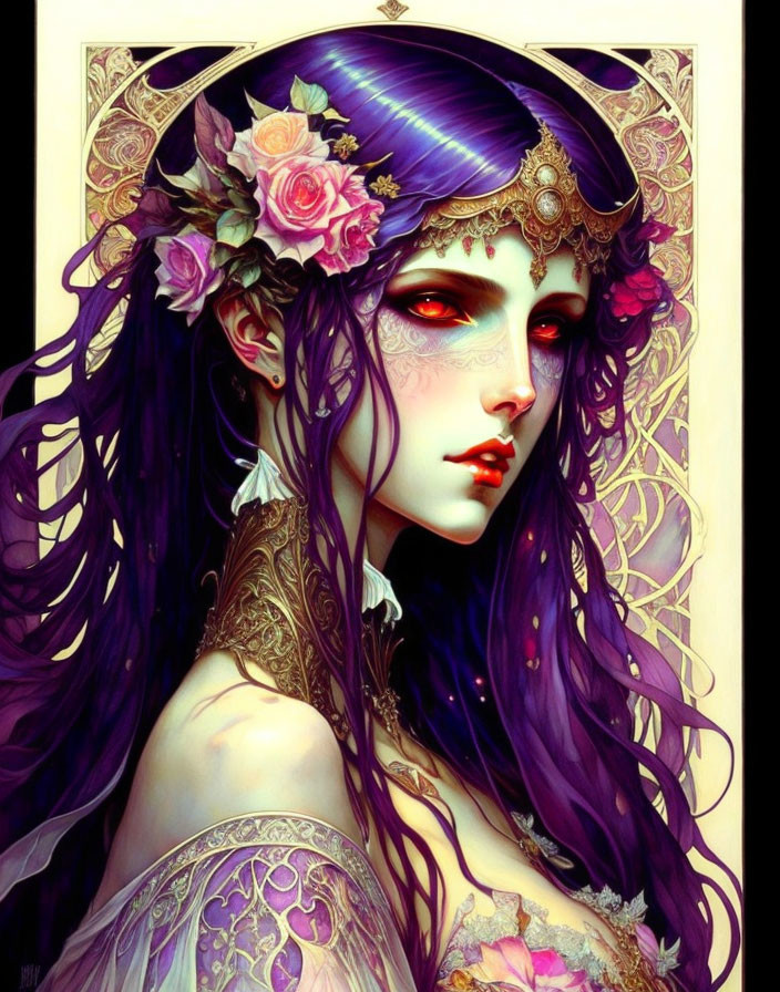 Detailed Illustration of Woman with Purple Hair and Violet Eyes in Floral Headpiece and Jewelry on Golden Background