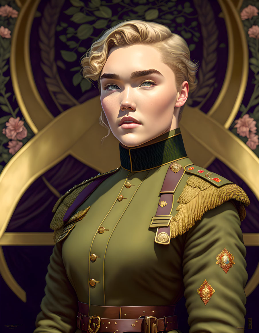 Blond woman in military uniform with medals on floral background