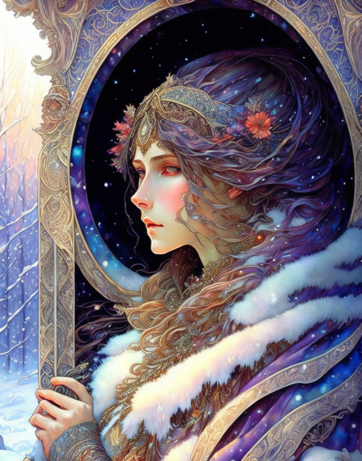 Detailed illustration of woman in elaborate headwear and fur clothing in circular ornate frame in snowy landscape