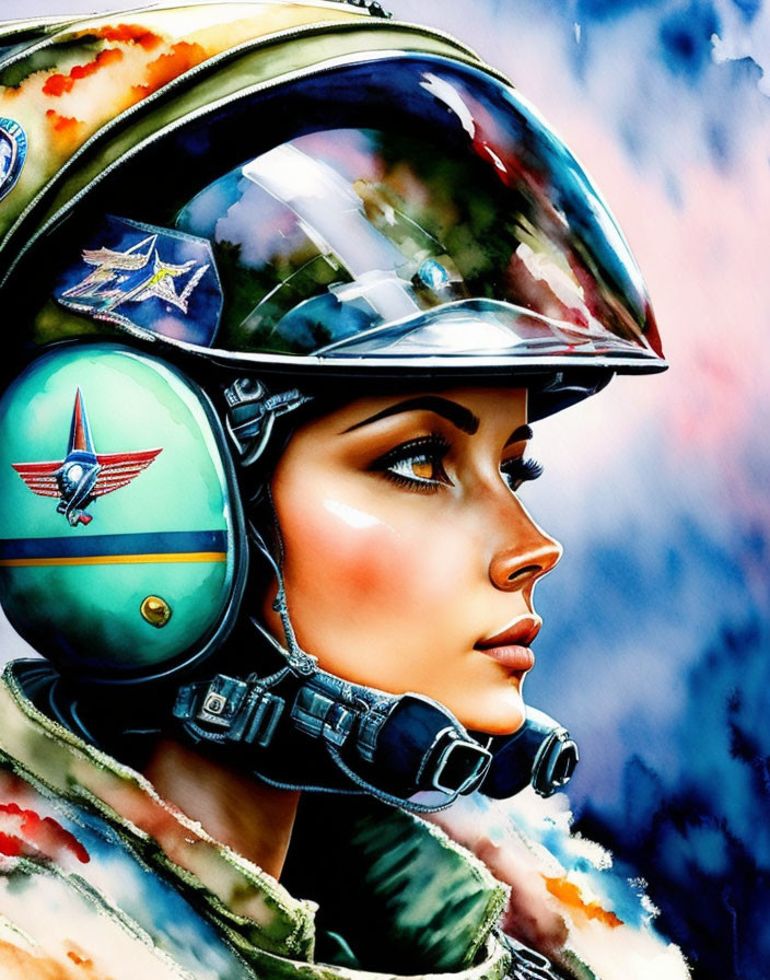 Colorful artistic depiction of a woman wearing aviation-themed helmet