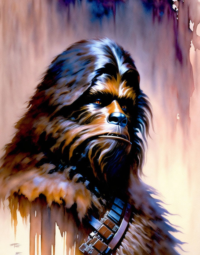 Brown-furred Wookiee with blue eyes and bandolier on tan and blue background