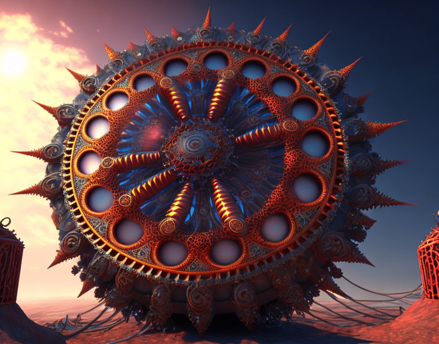 Intricate fractal wheel with complex patterns against sunrise sky