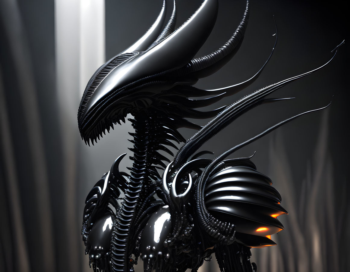 Detailed Sculptural Rendering of Biomechanical Entity with Glossy Exoskeleton and Ominous