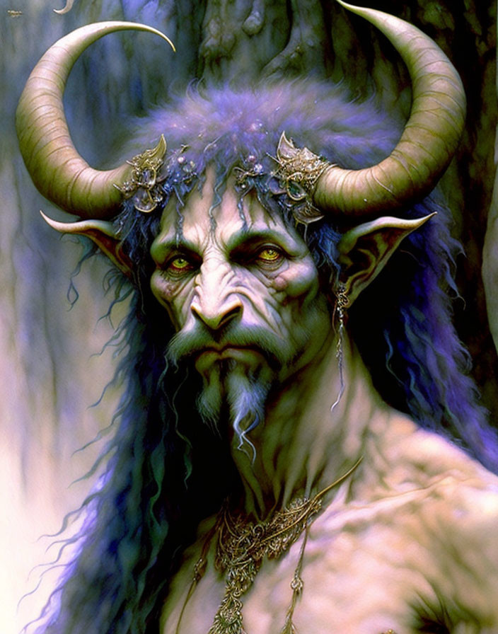 Mythical creature with horns and green skin in misty setting