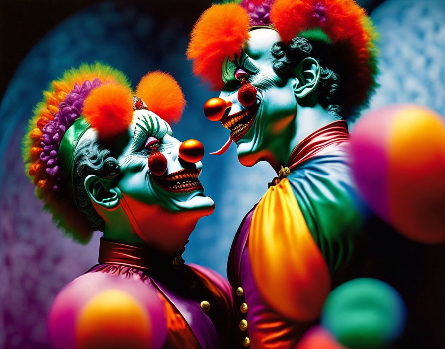 Colorful Clown Characters Face to Face Against Vibrant Circle Backdrop