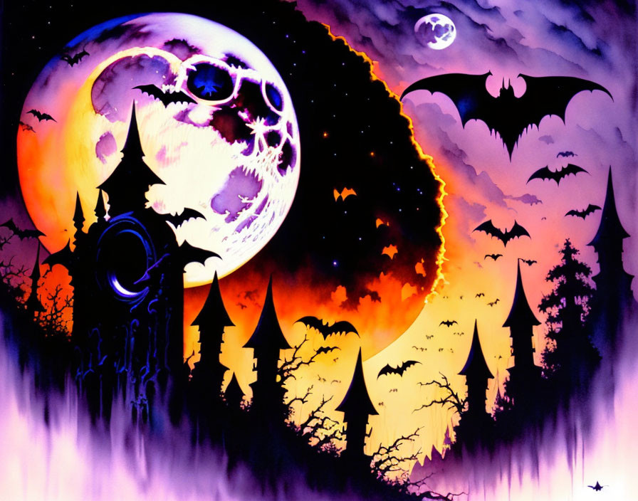 Gothic moon and bat silhouette over haunted castle in purple sky